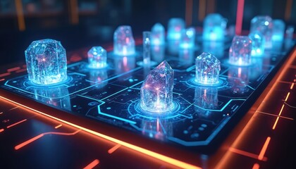 Futuristic board game uses glowing crystals for pieces on digital circuit board. Interactive gameplay unfolds with animated projections showing game progress. Advanced technology enhances strategy,