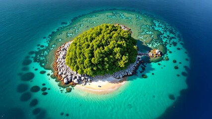 Tropical island resting in turquoise waters, surrounded by white sandy beaches and lush green palm trees under a bright blue sky with fluffy clouds, concept of travel agency, eco tourism, beach resort