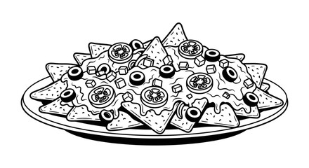 Black and white nachos illustration with tomatoes and olives