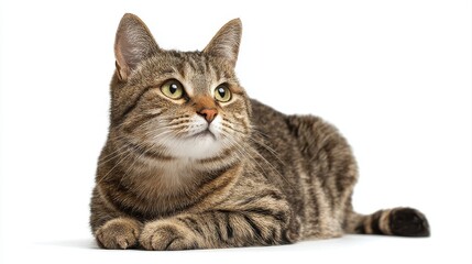 Fototapeta premium Studio portrait of a sitting tabby cat looking forward against a white back ground