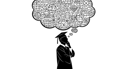 Student graduation thinking about math and science formulas idea