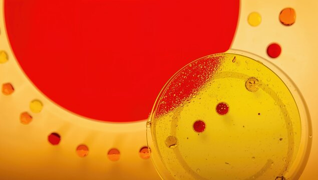 Yellow circular glass plate adorned with red droplets, suitable for editorial header background