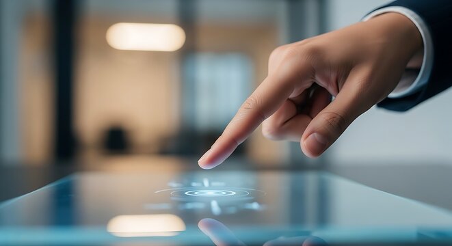 Hand touching futuristic digital interface with glowing technology icon - Powered by Adobe