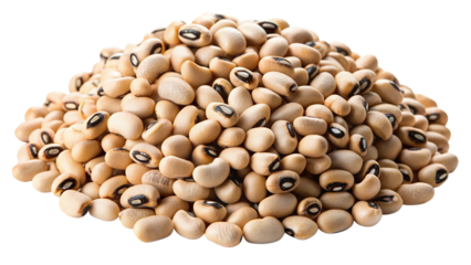 A generous pile of dry black eyed peas scattered across a surface isolated on transparent background