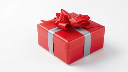 Fototapeta premium Red gift box adorned with a silver ribbon and bow, ideal for festive gifting