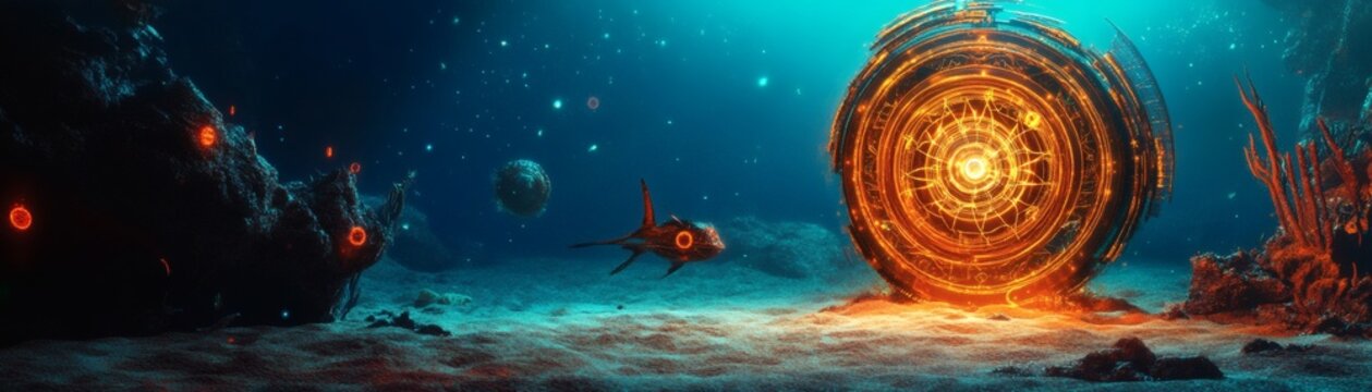 An underwater alien structure glowing in the ocean