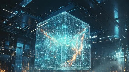 Digital data cube floating in futuristic server room - Powered by Adobe