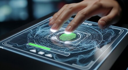 Fingerprint scan on futuristic holographic interface for security and technology