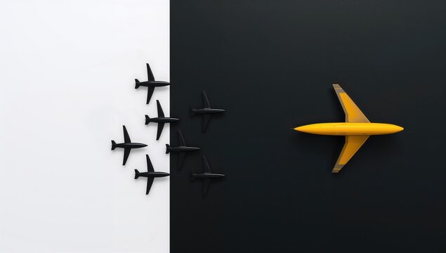 Yellow plane leading a formation of black planes, a study in teamwork