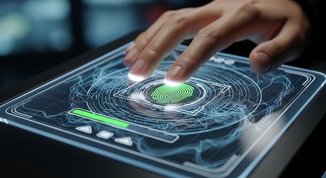 Fingerprint scan on futuristic holographic interface for security and technology