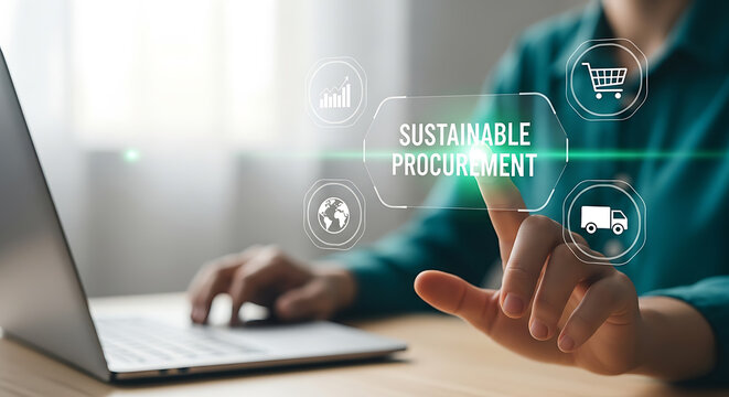Person interacts with sustainable procurement interface on a laptop, touching icons related to global business, e-commerce, and logistics.