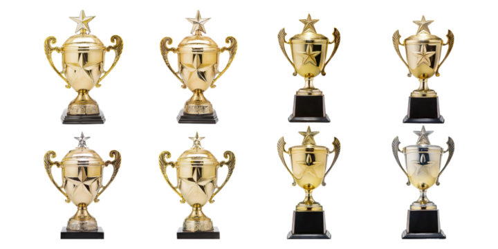 Golden Trophies Collection for Awards and Achievements, PNG set collection, isolated on transparent background