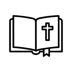 Open Book with Cross Symbol and Ribbon Bookmark Depicted in Outline Style