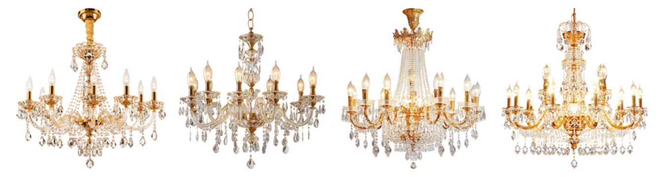 Elegant Crystal Chandeliers with Gold Accents and Glowing Light Effects, PNG bundle collection, Isolated on Transparent Background