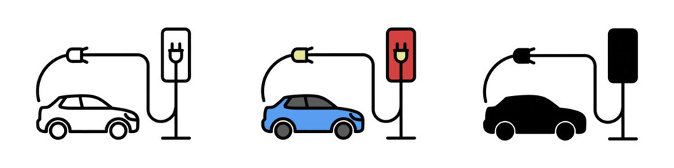 Electric Vehicle Charging Station Icons Depicting a Car Connected to a Charger