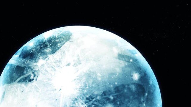 Glowing blue Pluto planet in space with a dark starry background