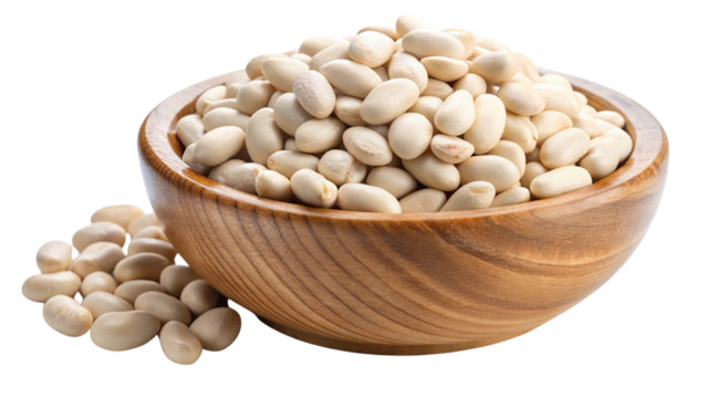 A rustic wooden bowl overflowing with plump white beans and scattered on a transparent background isolated on transparent background