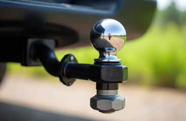 Obraz premium Shiny chrome trailer hitch ball firmly installed on car rear bumper. Metal ball reflects road, green landscape, distant person. Heavy duty equipment for towing boat, camper, cargo trailer for long