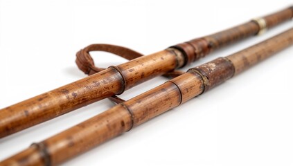 Vintage bamboo ski poles on a white background, efficient storage solution
