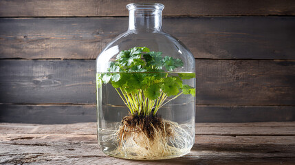 carboy. Clear glass carboy with floating green plant and visible roots on rustic wooden surface. gardening catalogs, home-decor guides, designed for home decor and floral branding.
