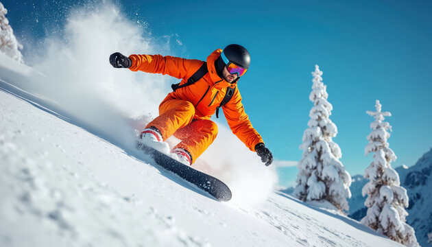 Man in orange ski suit rides snowboard down snowy mountain slope. Creates powder spray, enjoys winter mountain sport and active vacation. Blue sky above.