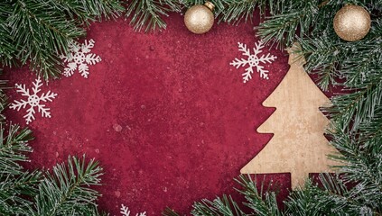 White snowflakes and a wooden Christmas tree on a crimson background, seasonal decor for holiday celebrations