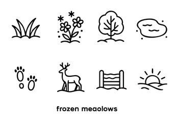 Fototapeta premium Collection of simple line art icons representing a frozen meadow landscape, featuring elements such as grass, winter flowers, a tree, a pond, deer paw prints, a deer, a log fence, and a sunrise, all i