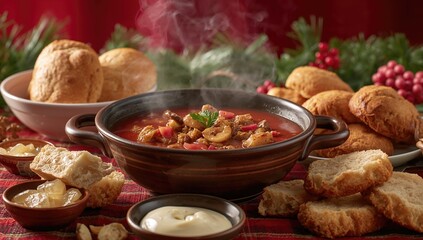 Borscht featuring mushrooms, accompanied by buns, lard, and garlic sauce, fiber-dense choice