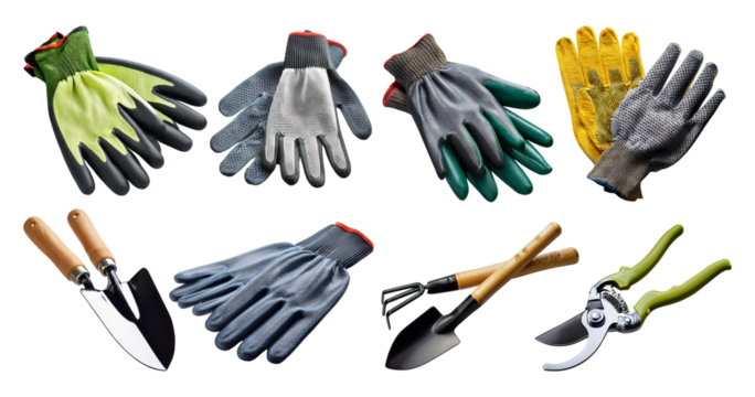Various Gardening Gloves and Tools for Lawn Care and Planting, isolated on transparent background