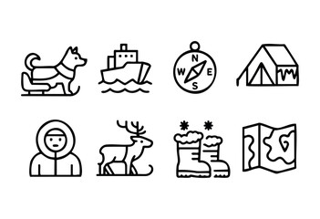 Naklejka premium A set of outline icons depicting various elements of arctic exploration and winter adventures, including a husky on a sled, a ship, a compass, a camping tent, a person in winter clothing, a reindeer, 