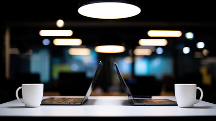 systematizing. A shared minimalist workstation with two laptops and matching coffee cups under soft lighting. lifestyle magazines.
