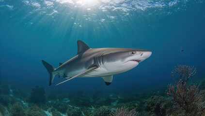 Fototapeta premium A Bull Shark swimming in clear waters, a reminder of the ocean's biodiversity