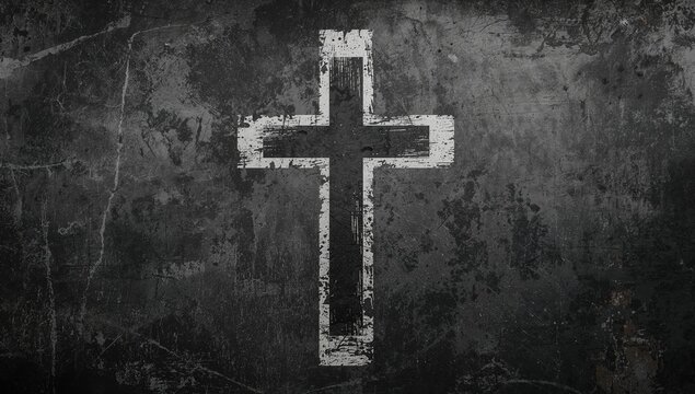 A weathered black and white cross depicted on a rough, aged background, photographed head-on.