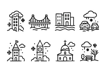 Fototapeta premium A collection of city and travel icon set, depicting various urban landmarks and elements such as skyscrapers, a bridge, cars on a road, a lighthouse, a clock tower, a domed cathedral, and a park with 