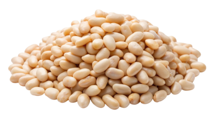 A large pile of small light colored beans is artfully arranged on a dark surface isolated on transparent background