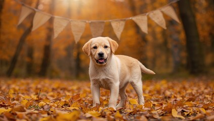 Young adorable labrador retriever in the fall forest, exploring nature's beauty