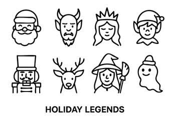 Fototapeta premium A collection of eight diverse holiday and legendary character icons, including Santa Claus, a devil, a queen, an elf, a nutcracker, a reindeer, a witch, and a ghost, presented in a minimalist bold out