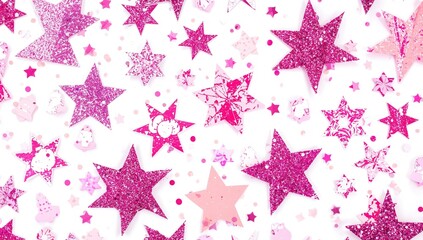 Stars glittering pattern on a white backdrop, festive decoration with multiple colors and textures, Christmas celebration