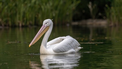 Pelican swimming in a pond, observing nature's tranquility
