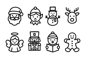 Fototapeta premium Christmas and winter holiday characters icon set featuring Santa Claus, an elf, a snowman, a reindeer, an angel, a nutcracker, a caroler, and a gingerbread man, all depicted in a simple black outline 