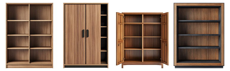 Four Wooden Cabinets with Open and Closed Shelves for Storage