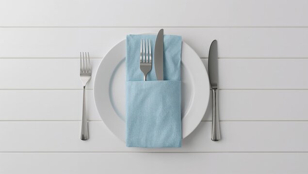 Table setting with cutlery, fork and knife arranged with a blue napkin on white wooden surface, ideal for editorial header background