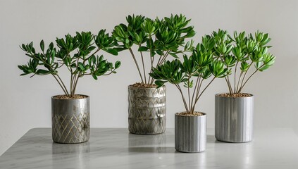 Silver succulent potted plants set against a white backdrop, decorative elements for home