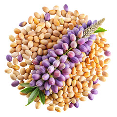 Fototapeta premium A pile of dried grains and legumes topped with a vibrant purple lupine flower and green leaves isolated on transparent background
