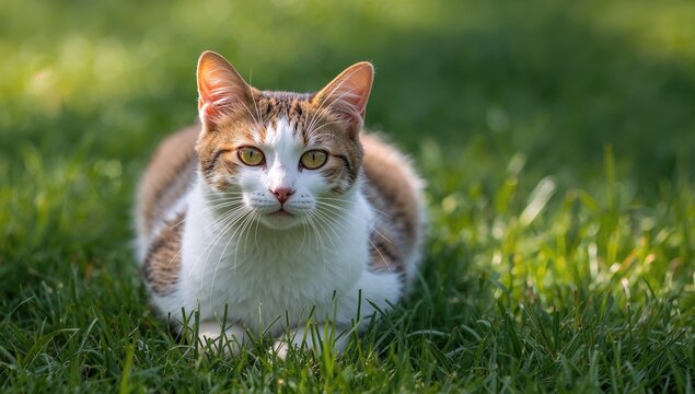 White tabby-spotted cat resting on summer grass, showcasing nature's calm, seasonal change - Powered by Adobe