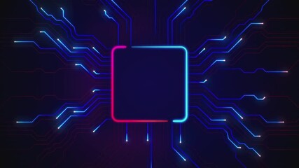A glowing CPU microchip connects to a futuristic circuit board. Neon data streams flow through the network, symbolizing AI, big data, and digital processing or product display background. 4K animation - Powered by Adobe