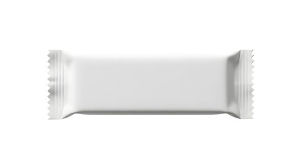 A blank, white, rectangular candy bar wrapper lies horizontally centered, with crimped edges, under bright, even lighting, creating a clean, sterile, and minimalist ambiance.
