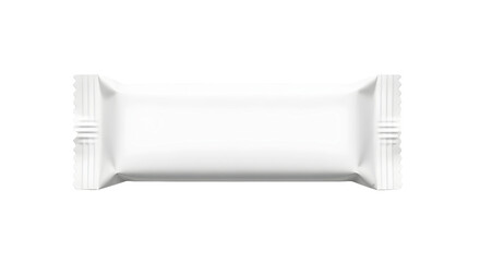 A blank, white, rectangular candy bar wrapper lies horizontally centered, with crimped edges, under bright, even lighting, creating a clean, sterile, and minimalist ambiance.

