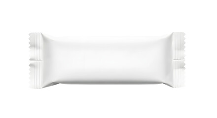 A blank, white, rectangular candy bar wrapper lies horizontally centered, with crimped edges, under bright, even lighting, creating a clean, sterile, and minimalist ambiance.
