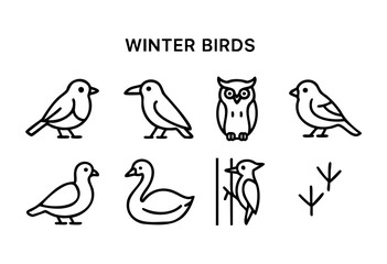 Fototapeta premium A collection of minimalist bird icons, including various songbirds, an owl, a swan, a woodpecker, and bird footprints, presented in a clean line art style.